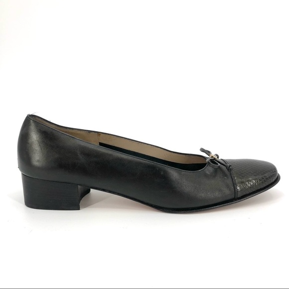 Ferragamo Black Leather Reptile Embossed Cap Toe‎ Bow Front Low Pump Size 10 4A - Picture 2 of 8